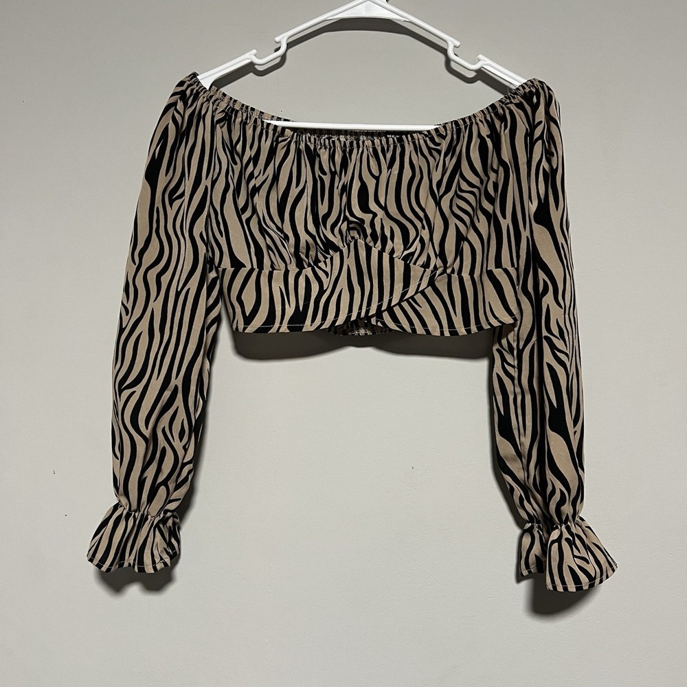 Unbranded Women's Off Shoulders Blouse Zebra Print Cropped Size XS Long Sleeve